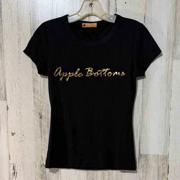 Apple Bottoms Mesh Cutout Cotton Slim Fit Black Tee with Gold Script - Picture 1 of 7